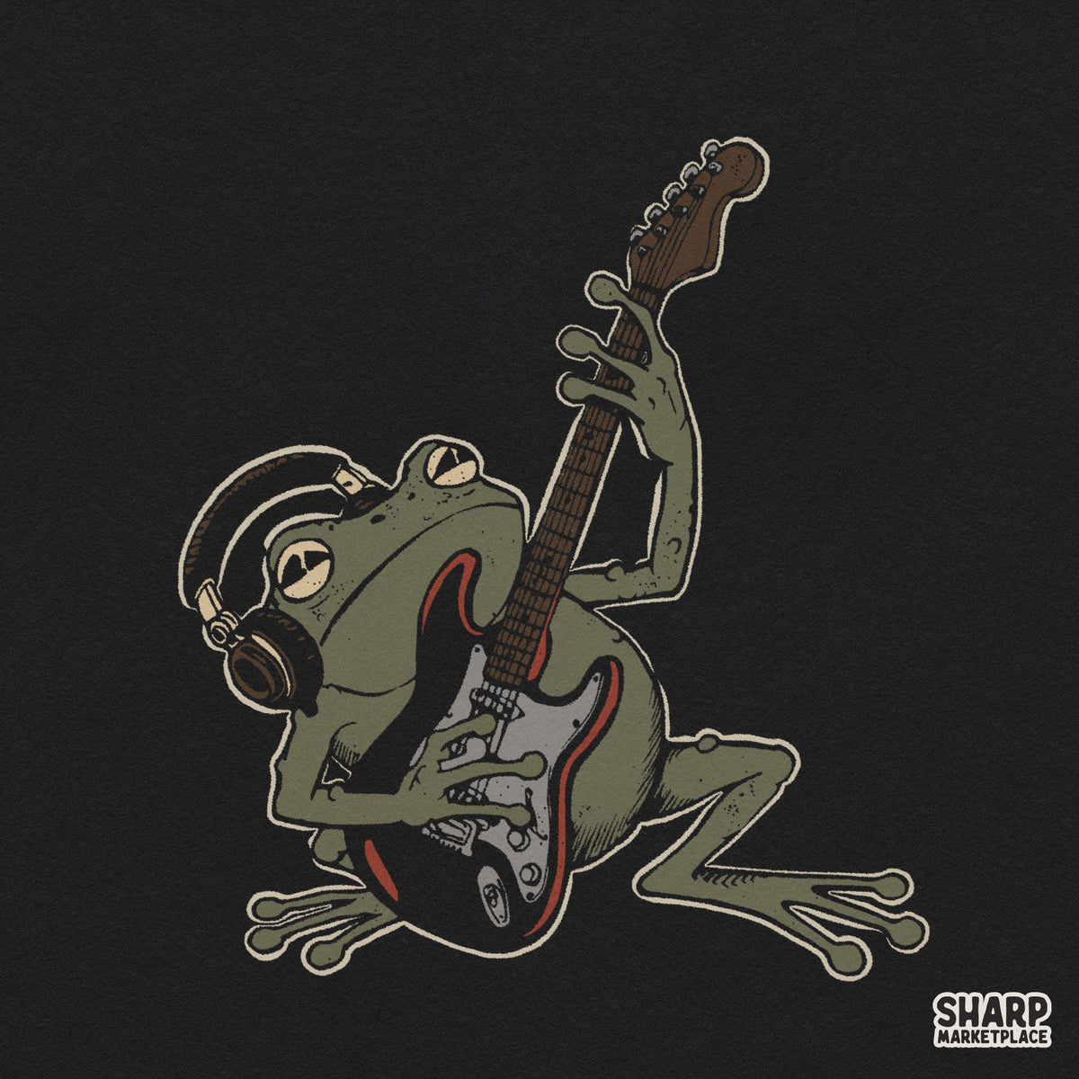 Edgy rocker toad playing electric guitar wearing headphones and a gas mask, funny retro PNG design for music lovers