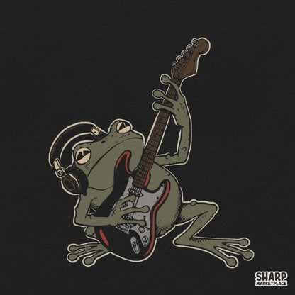 Edgy rocker toad playing electric guitar wearing headphones and a gas mask, funny retro PNG design for music lovers