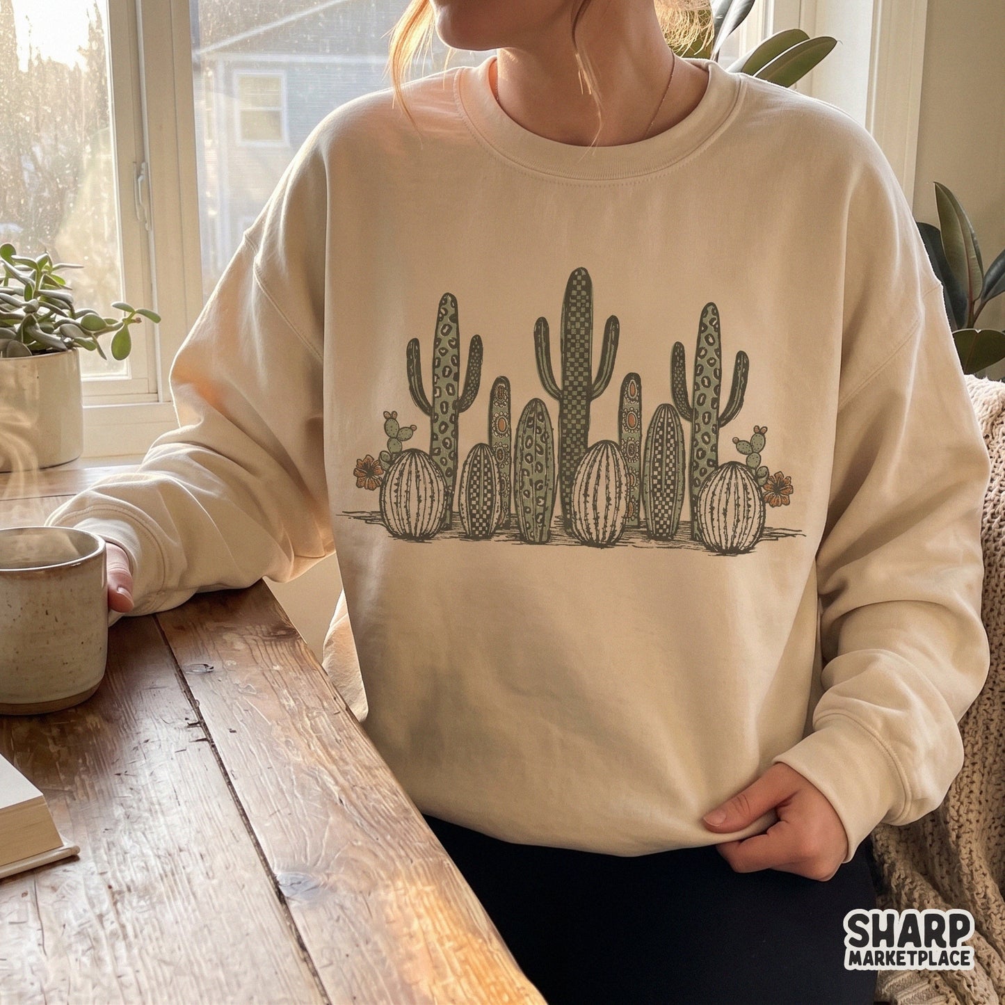 Boho western cactus garden with leopard and checkered patterns for summer sublimation t-shirt designs