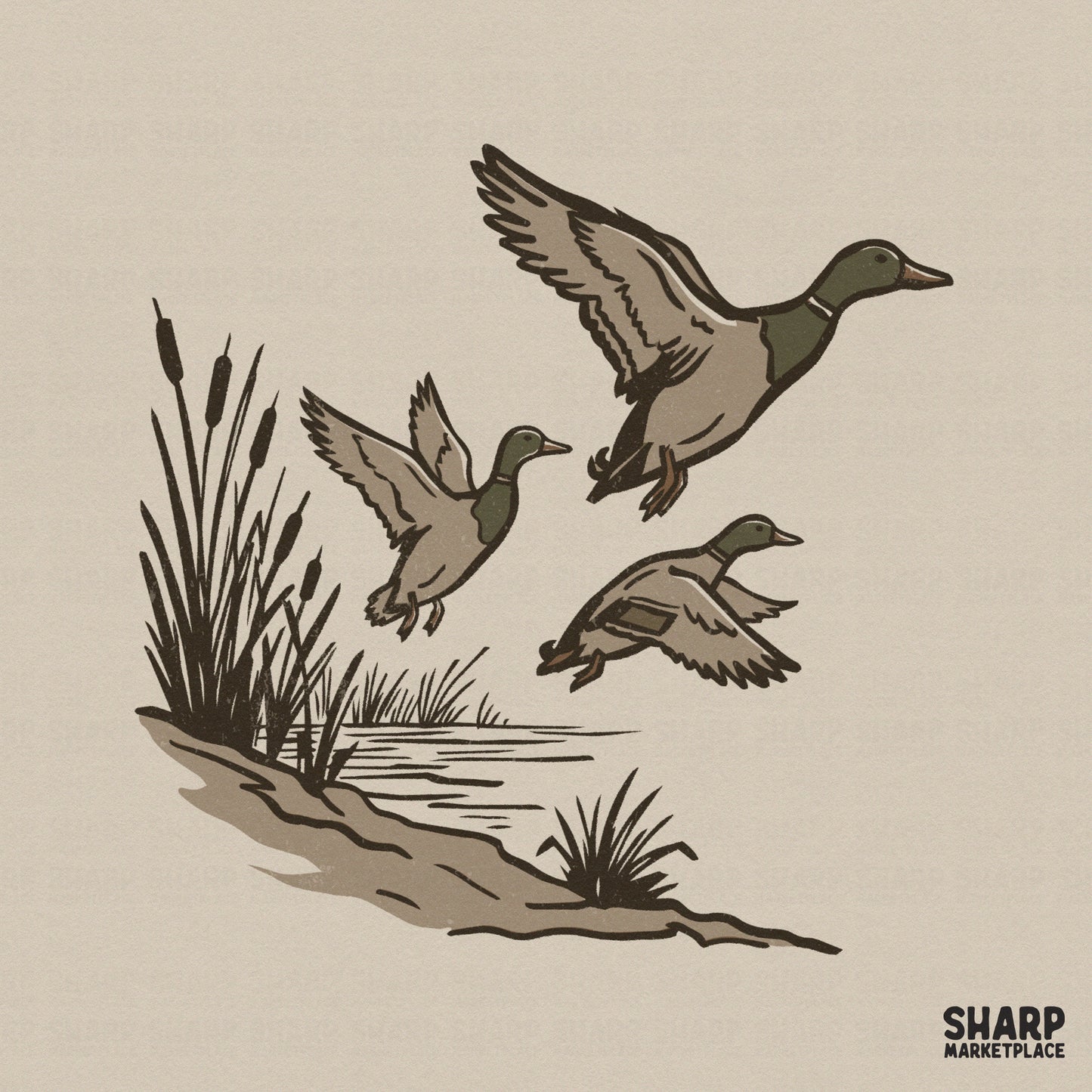 Vintage style digital illustration of three mallard ducks flying over marsh reeds and water, featuring earthy olive and brown tones for apparel.