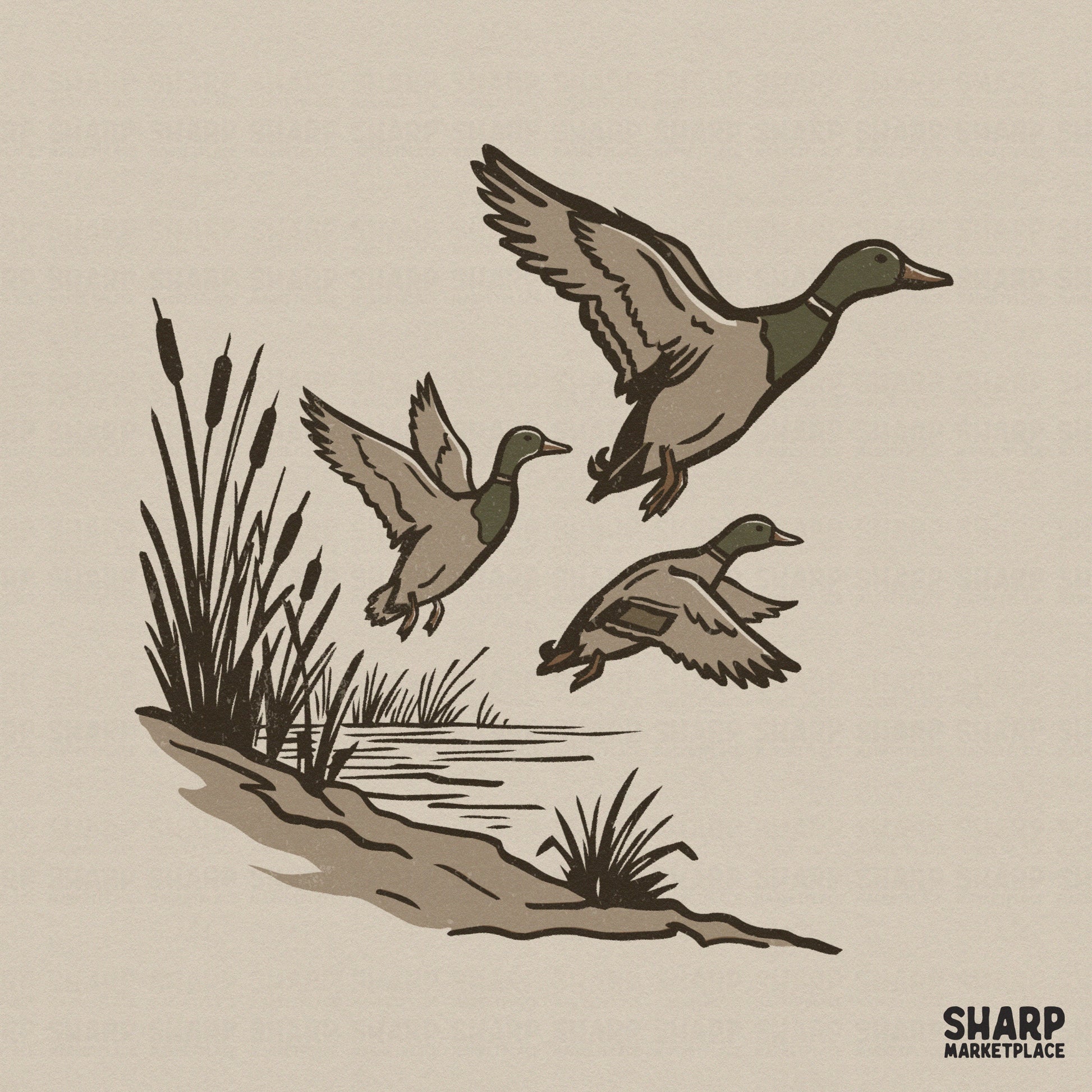 Vintage style digital illustration of three mallard ducks flying over marsh reeds and water, featuring earthy olive and brown tones for apparel.