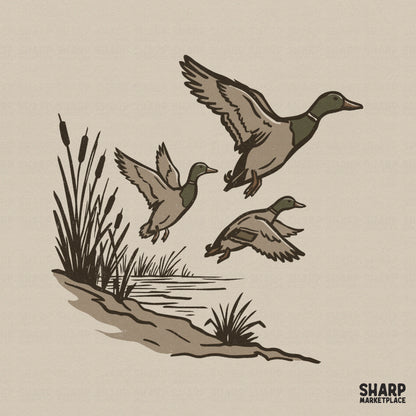 Vintage style digital illustration of three mallard ducks flying over marsh reeds and water, featuring earthy olive and brown tones for apparel.