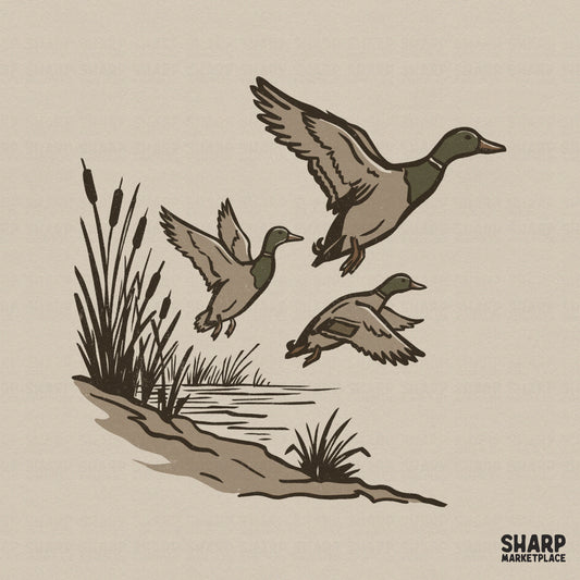 Vintage style digital illustration of three mallard ducks flying over marsh reeds and water, featuring earthy olive and brown tones for apparel.