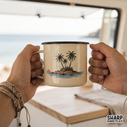 Muted color palette tropical island sunset graphic with detailed line art, suitable for trendy summer t-shirt designs and heat transfers.