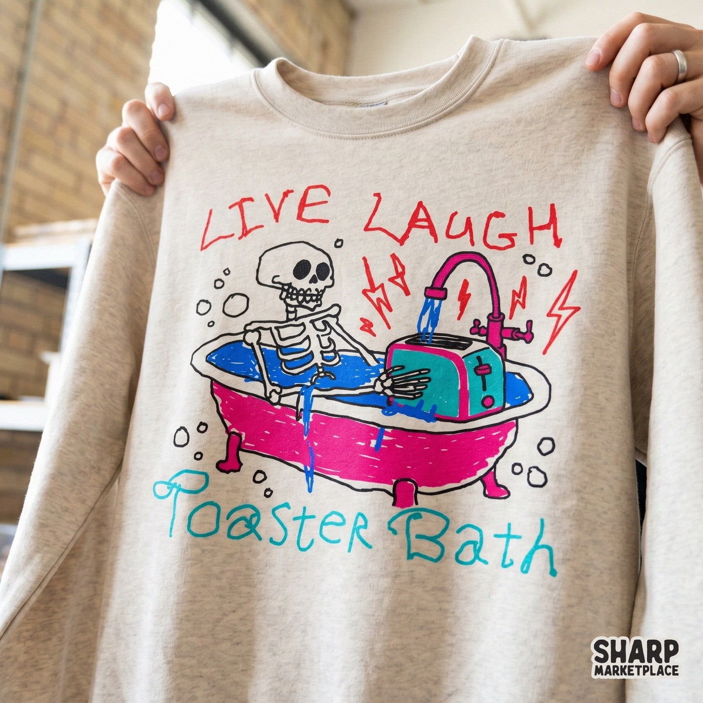 Trendy dark humor PNG graphic with a skeleton, bathtub, and toaster, designed for DIY shirts, tumblers, and sarcastic Halloween-themed print projects.