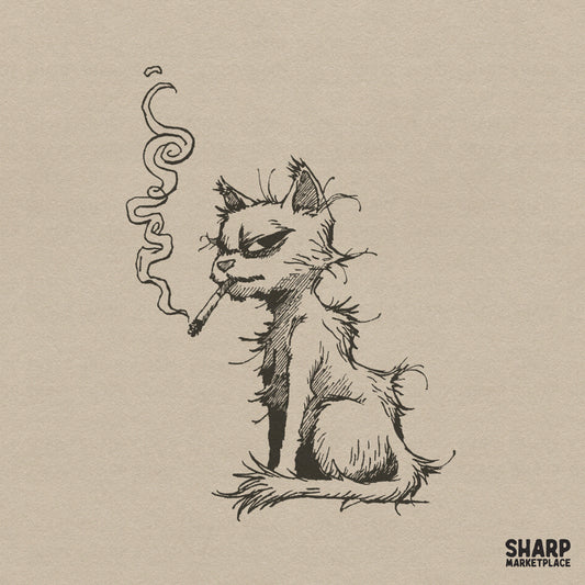 Funny scruffy cat smoking a cigarette vintage retro sublimation graphic tee design for animal lovers