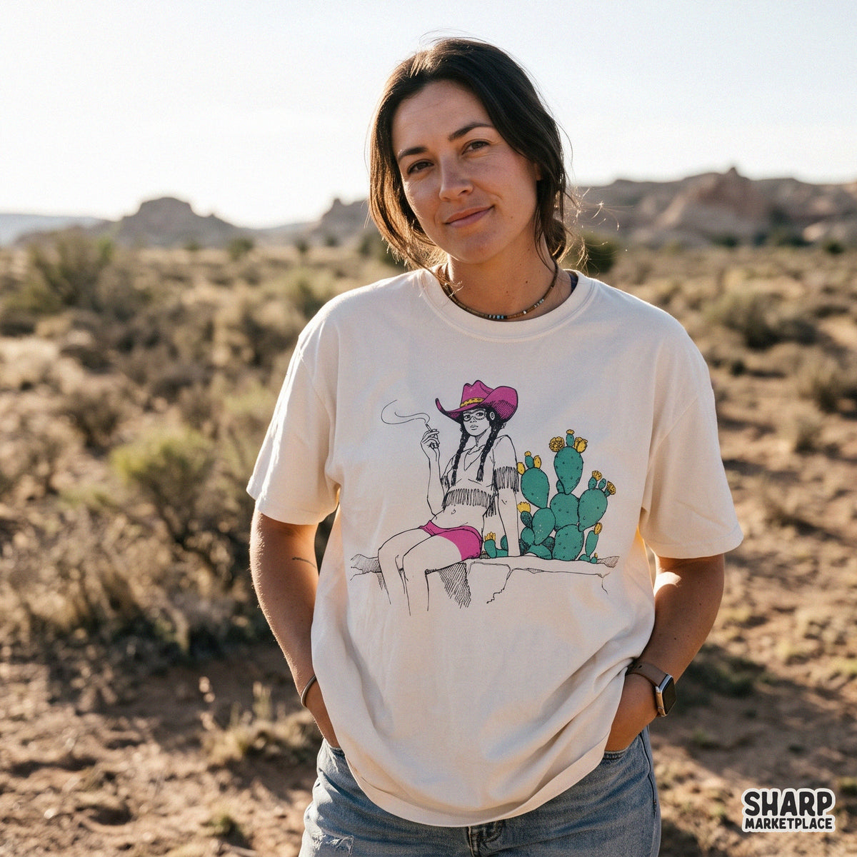Relaxed Desert Cowgirl By Prickly Pear Cactus, Retro