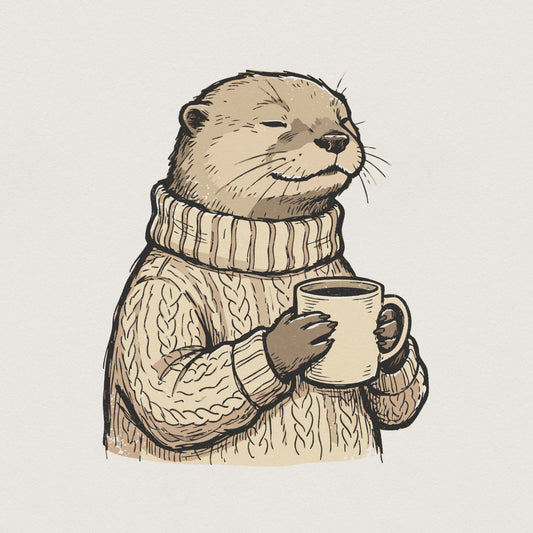 Hand-drawn cozy otter illustration wearing a cream cable-knit sweater and holding a coffee mug, perfect for sublimation, apparel, and stickers.