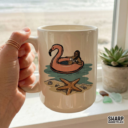 Black mermaid in heart glasses on a flamingo float for summer sublimation shirt designs