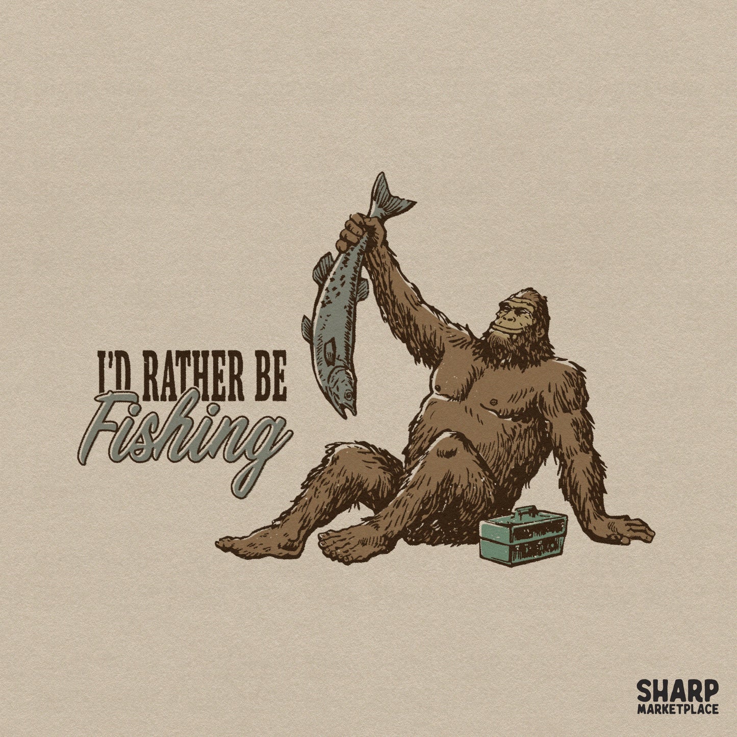 Funny Bigfoot fishing graphic in a retro western style for Father's Day shirts and lake life sublimation designs