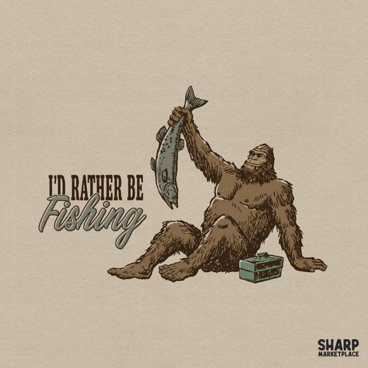 Funny Bigfoot fishing graphic in a retro western style for Father's Day shirts and lake life sublimation designs