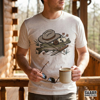 Rustic fly fishing digital design featuring trout, a hat, and fishing tackle, perfect for sublimation, apparel printing, or outdoor-themed DIY gifts.