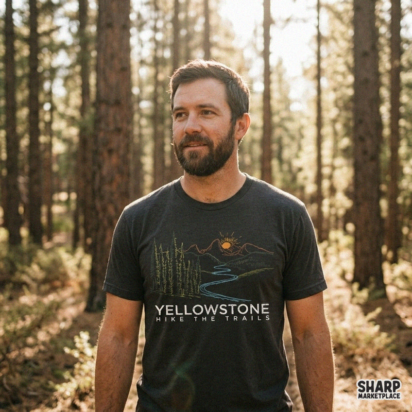 Vintage Yellowstone hiking design with mountain river, pine trees and sun rays for retro t-shirt printing