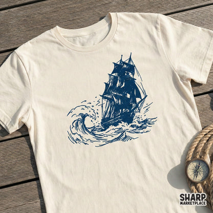 Classic tall ship sailing through cresting ocean waves, rendered in a detailed blue ink style, displayed on a cream-colored t-shirt mockup.