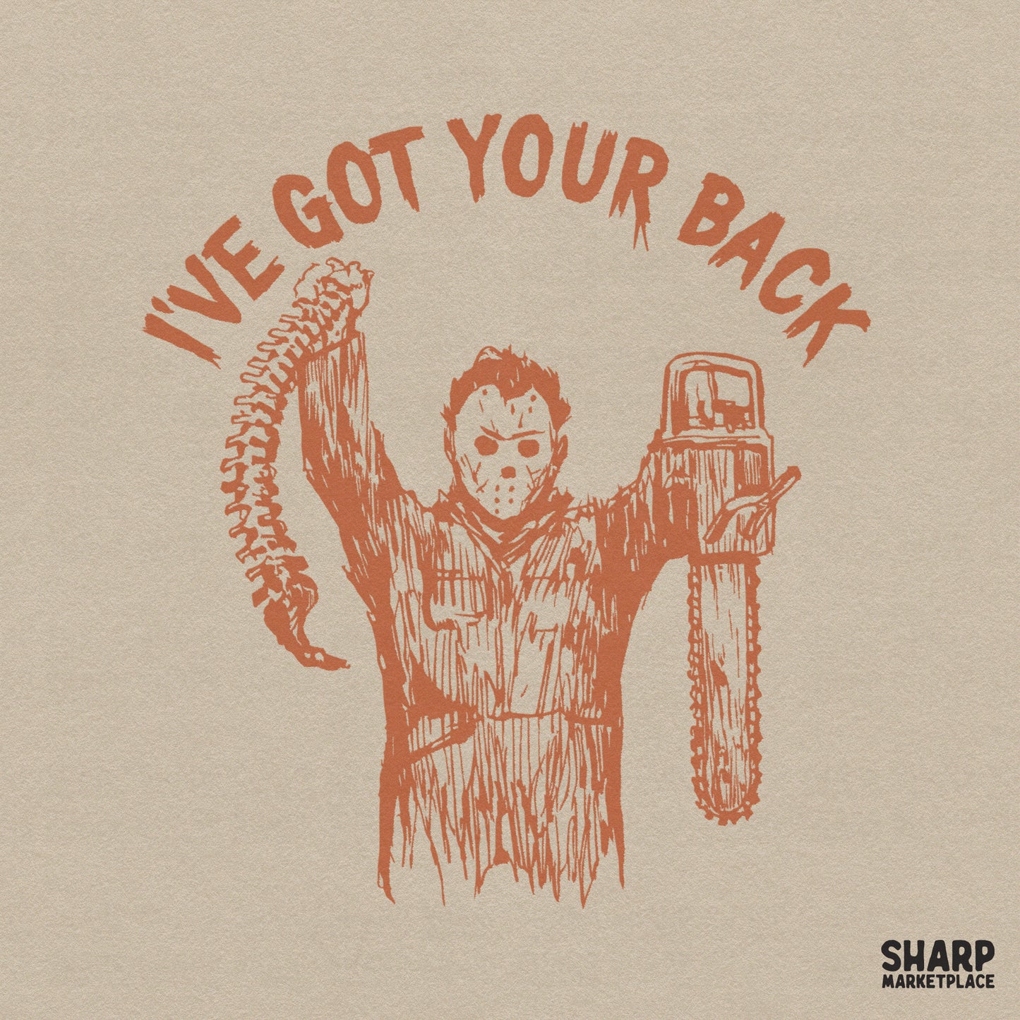 Funny slasher pun with horror movie killer holding a spine for spooky season retro shirt designs and dark humor gifts