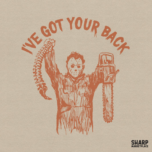 Funny slasher pun with horror movie killer holding a spine for spooky season retro shirt designs and dark humor gifts