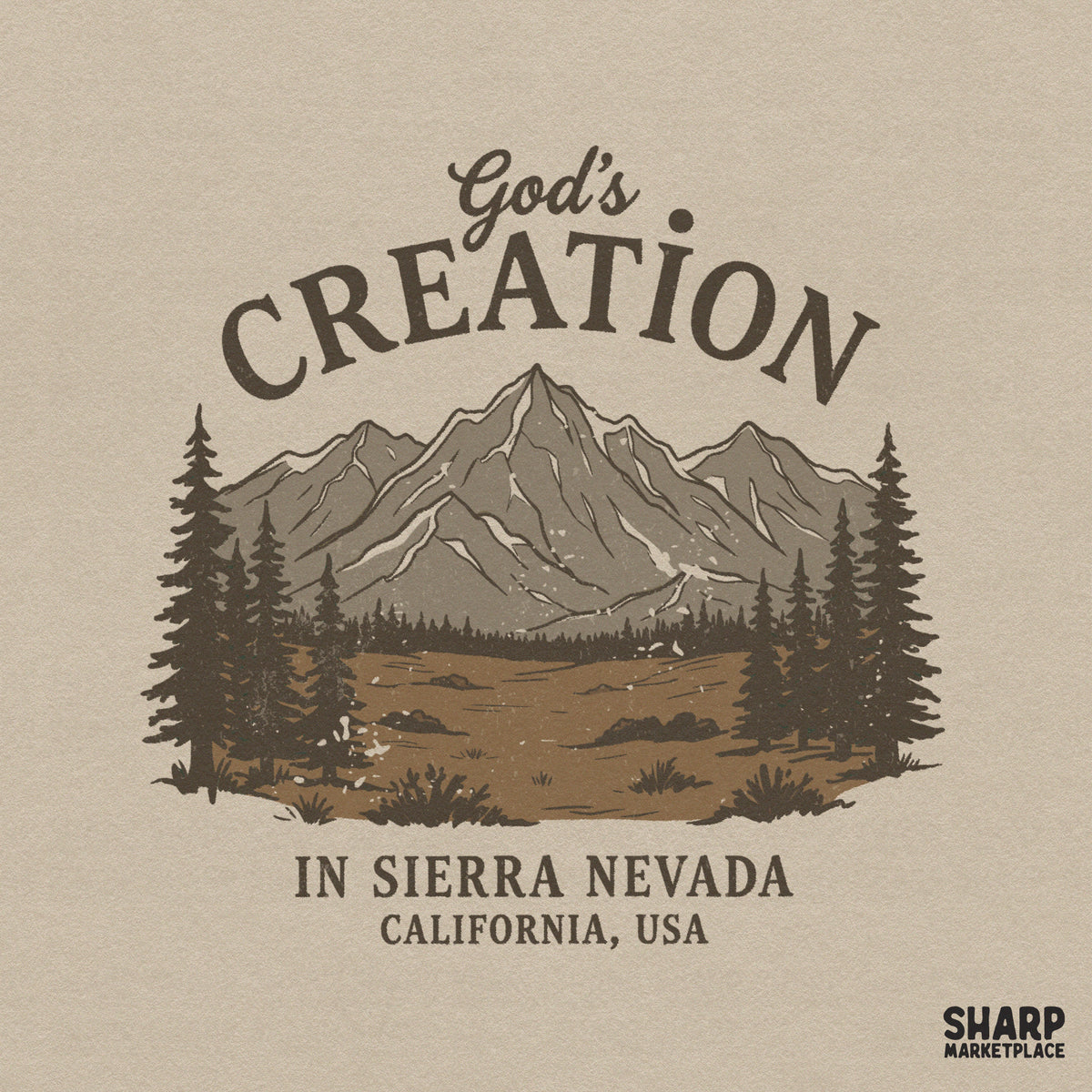 Digital design featuring a mountain landscape with pine trees and the text Gods Creation In Sierra Nevada California USA in vintage typography.