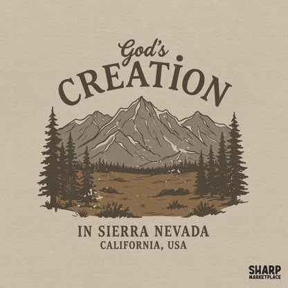 Digital design featuring a mountain landscape with pine trees and the text Gods Creation In Sierra Nevada California USA in vintage typography.