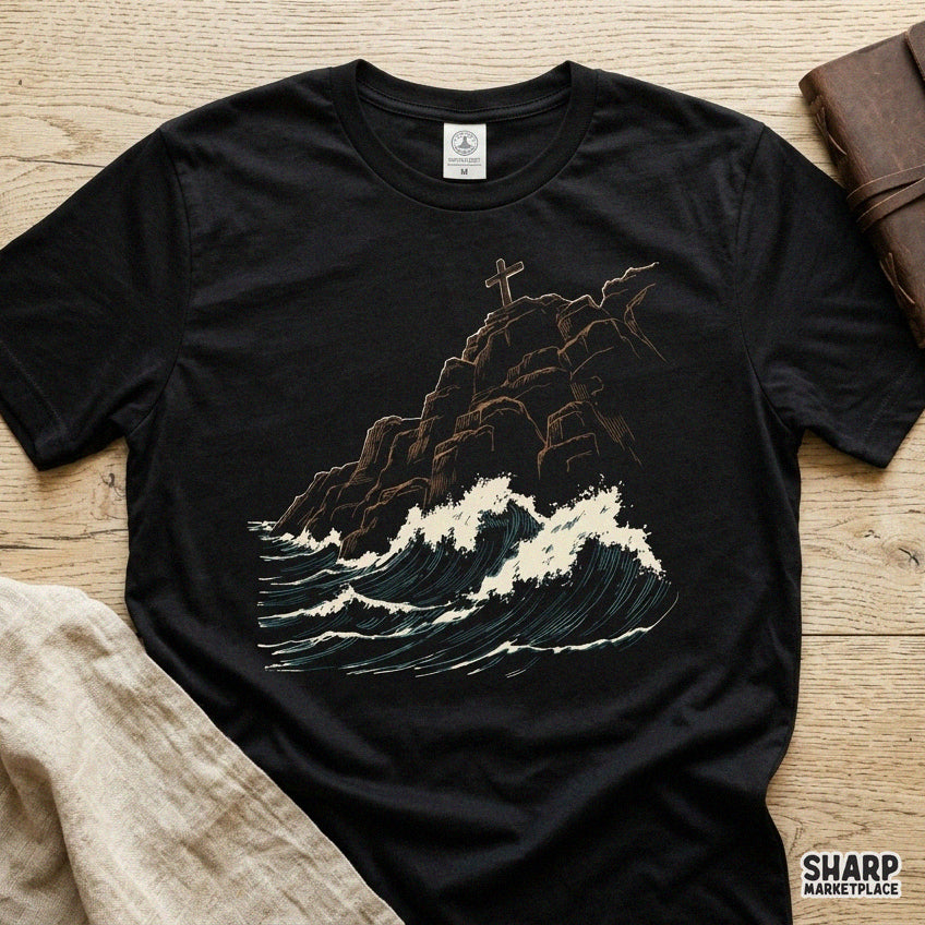 Stormy ocean waves crashing against a cliff with a Christian cross faith PNG sublimation design for shirts