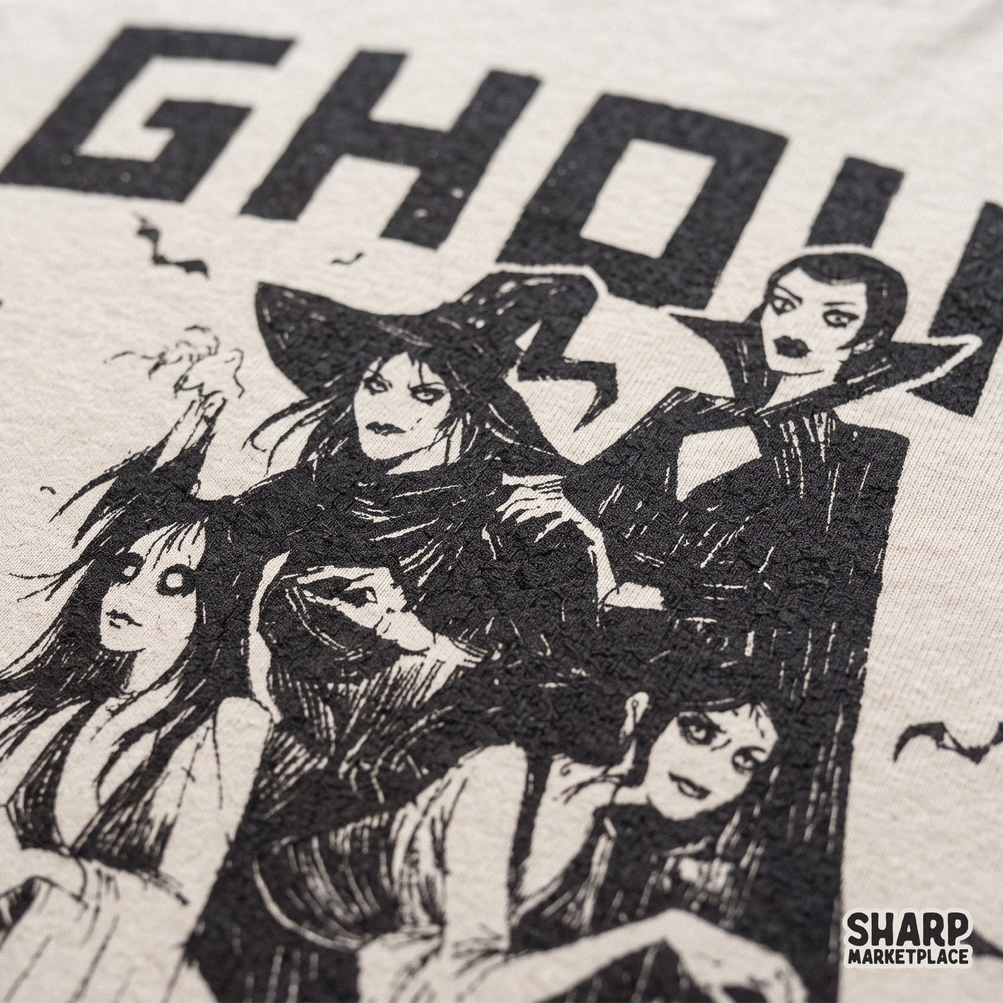 Retro ghoul gang halloween png with spooky witches and vampire girls in a cute gothic horror aesthetic for fall apparel