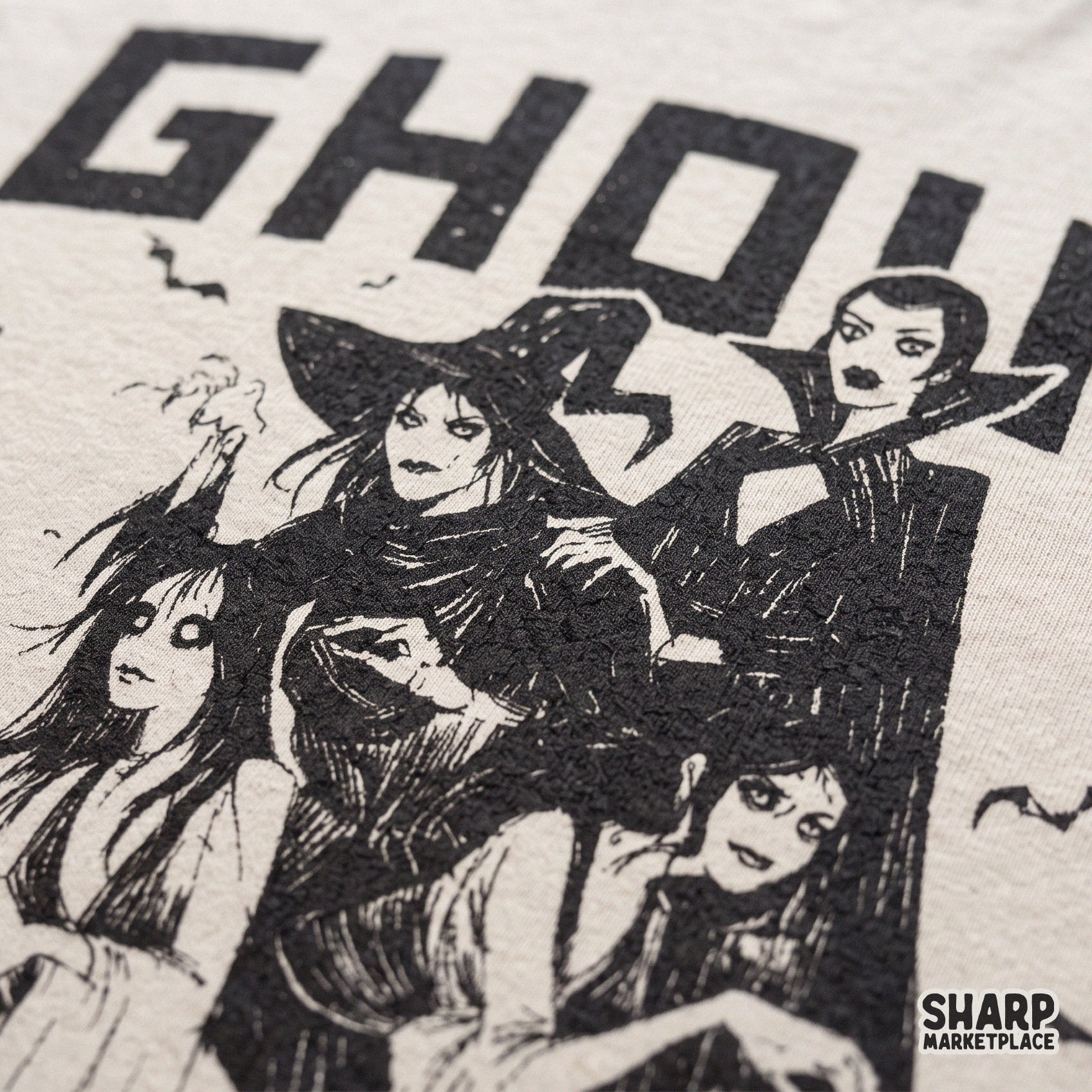 Retro ghoul gang halloween png with spooky witches and vampire girls in a cute gothic horror aesthetic for fall apparel