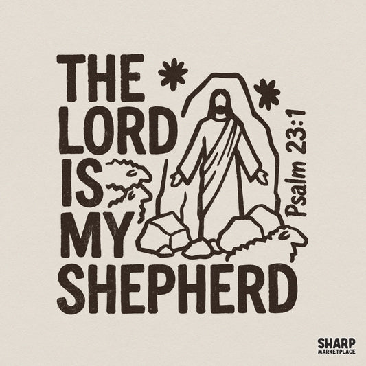 Dark brown textured typography reading The Lord Is My Shepherd with a line art illustration of Jesus and sheep for Christian apparel sublimation.