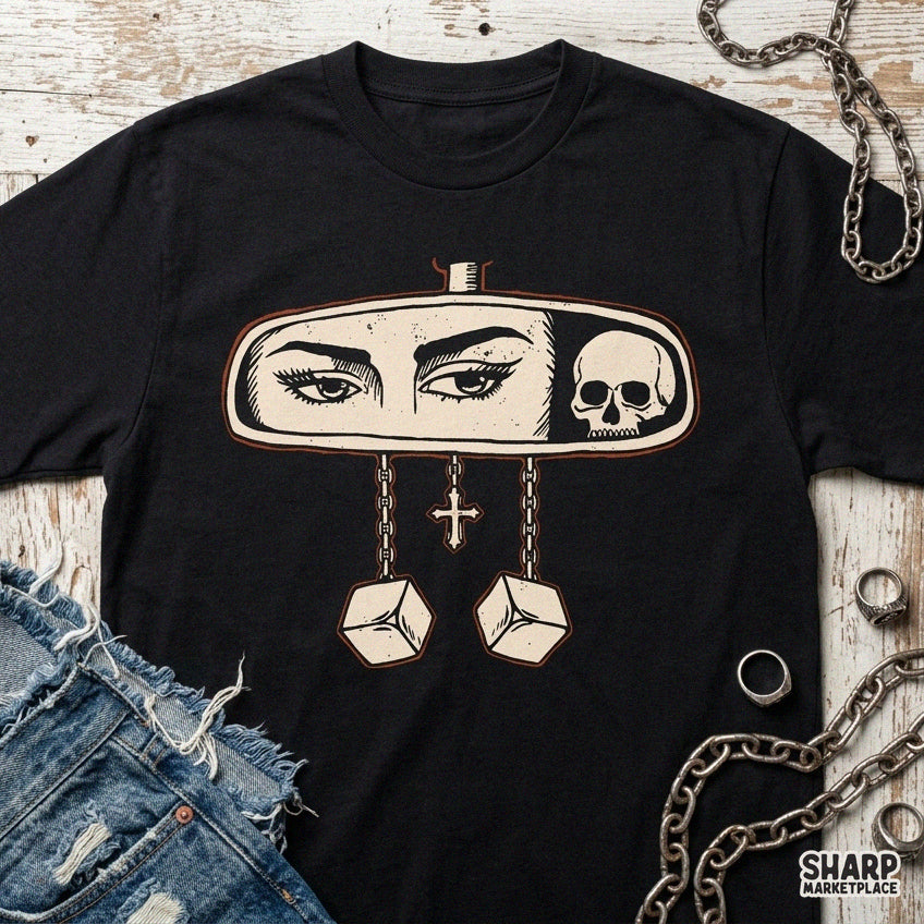 Retro gothic rearview mirror with eyes skull and dice PNG design for spooky season Halloween t-shirts