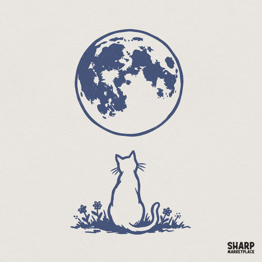 Deep blue silhouette of a cat sitting in a field of wildflowers gazing at a large, cratered full moon in a vintage, distressed ink style.