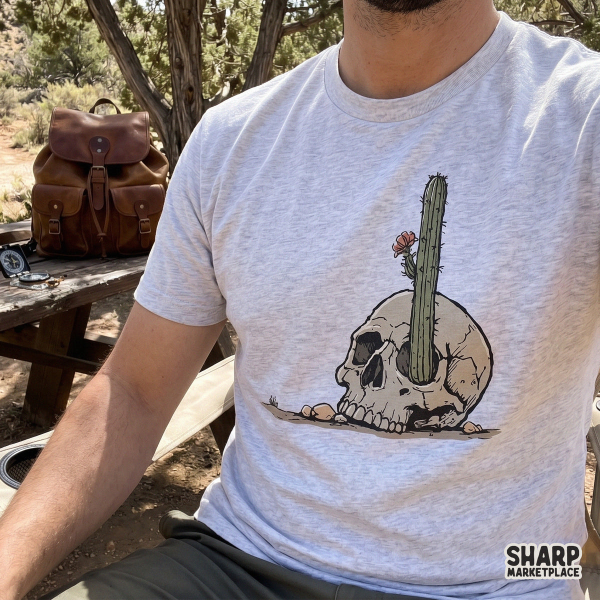 Detailed desert-themed skull graphic with a cactus bloom, designed for DTF printing, sublimation transfers, and unique DIY gothic apparel projects.