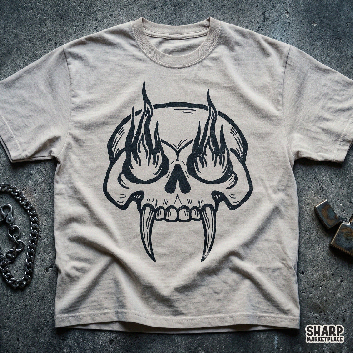 Woodcut fanged skull with eye flames design, a gothic streetwear PNG graphic ideal for spooky season t-shirts