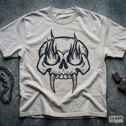 Woodcut fanged skull with eye flames design, a gothic streetwear PNG graphic ideal for spooky season t-shirts
