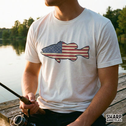 Patriotic largemouth bass graphic with a weathered stars and stripes flag texture displayed on a casual white t-shirt for fishing enthusiasts.