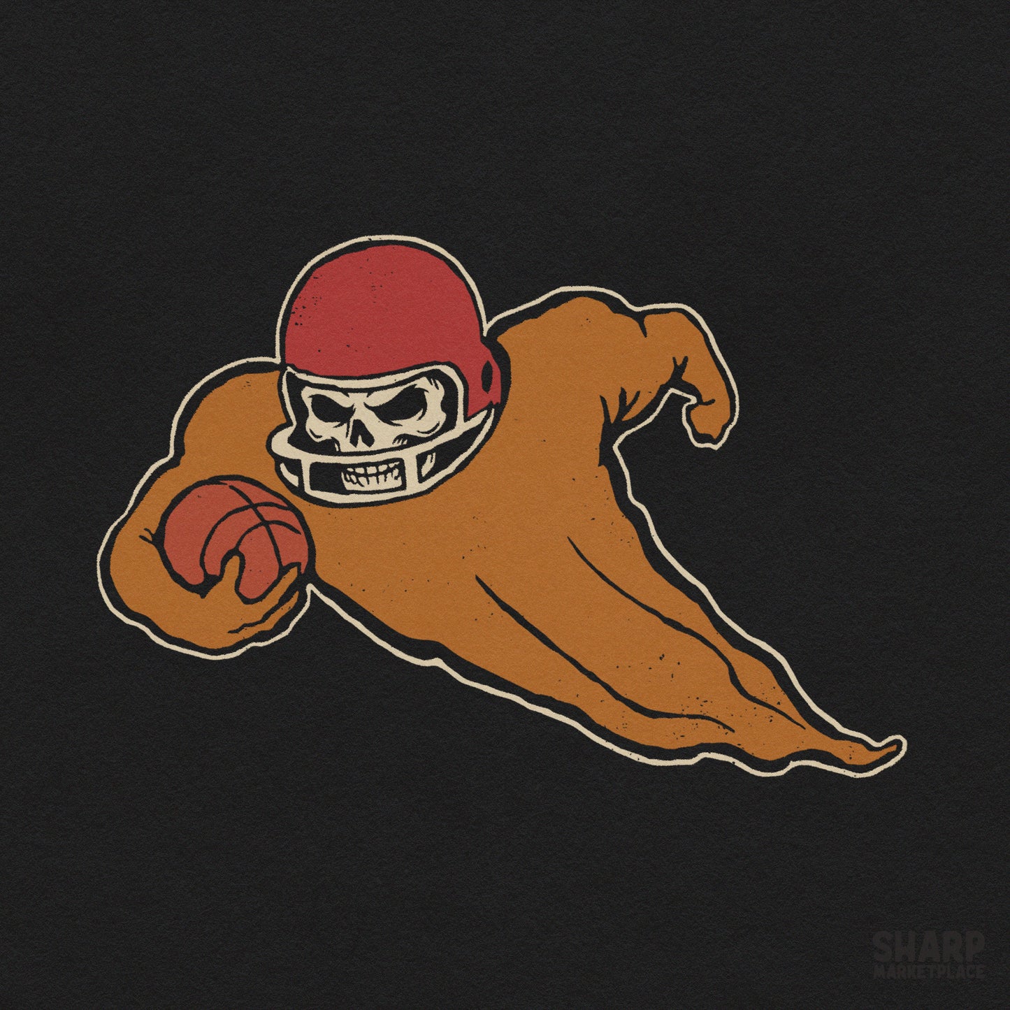 Muscular skeleton wearing a football helmet holding a football for a spooky retro game day sublimation shirt design