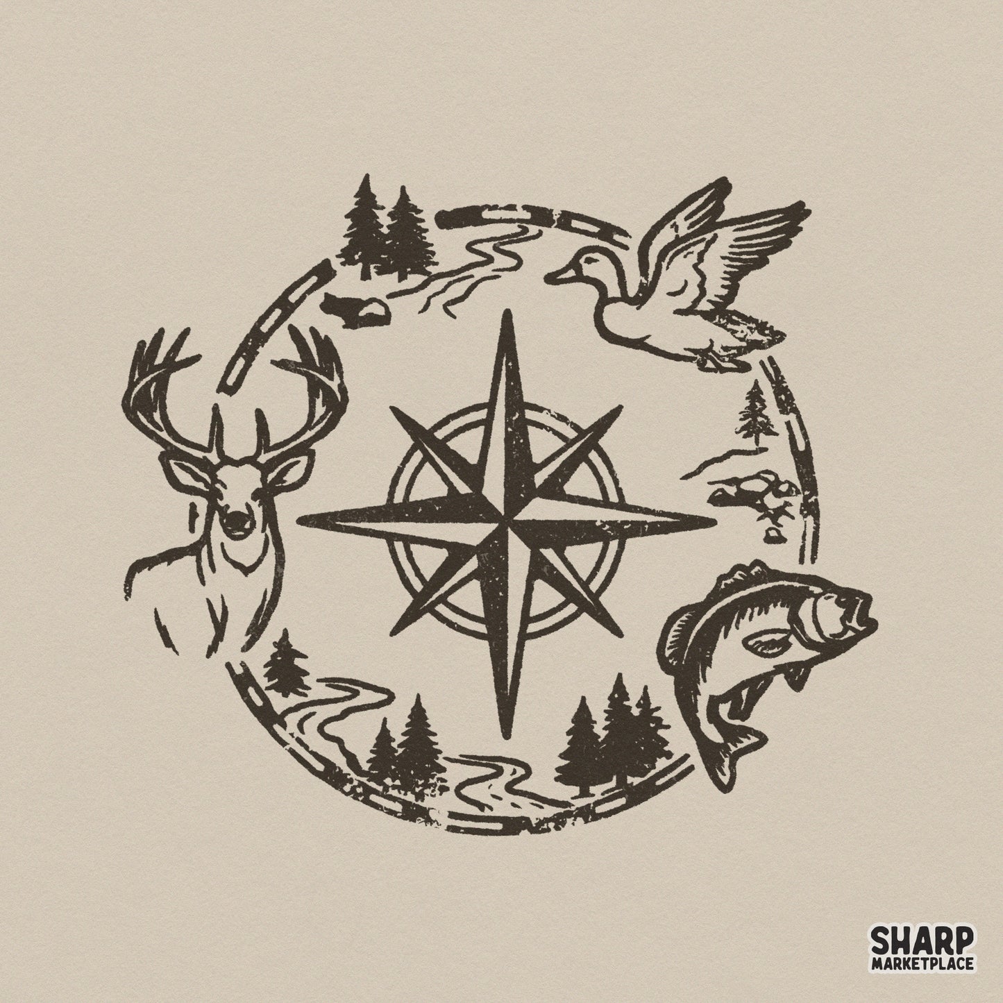 Rustic compass wildlife emblem digital design featuring a deer, duck, and bass with pine trees and river trails in a woodcut style.