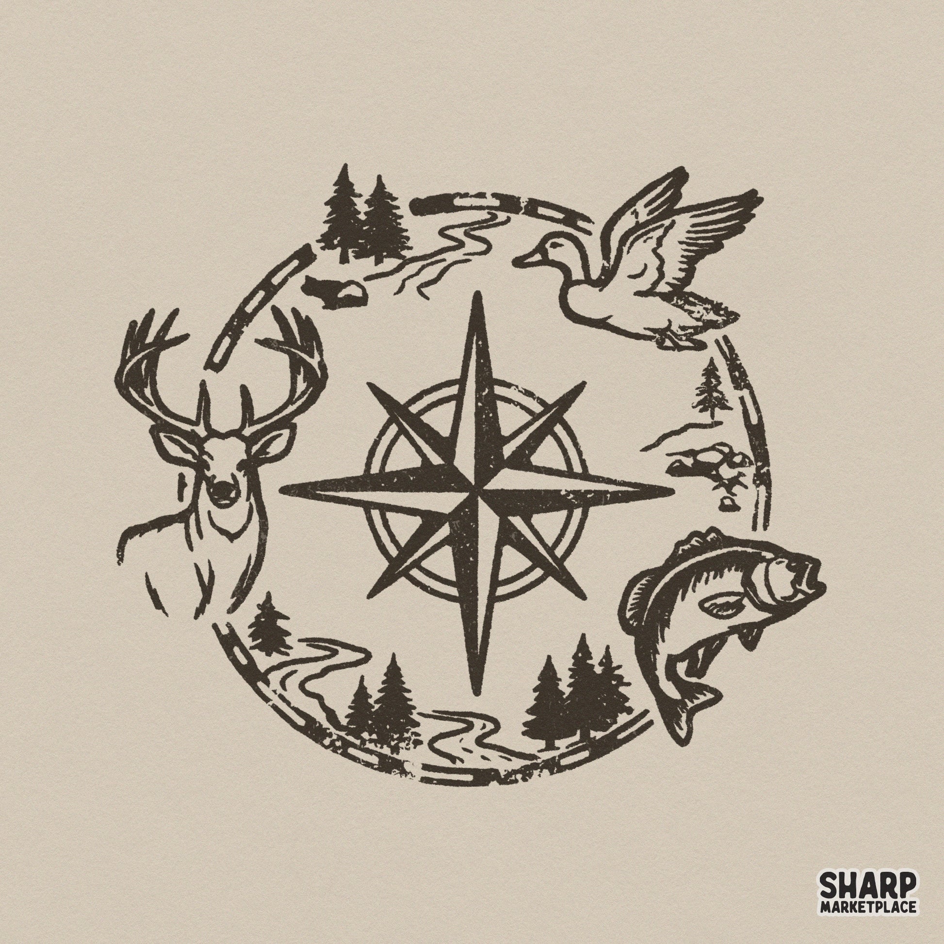 Rustic compass wildlife emblem digital design featuring a deer, duck, and bass with pine trees and river trails in a woodcut style.