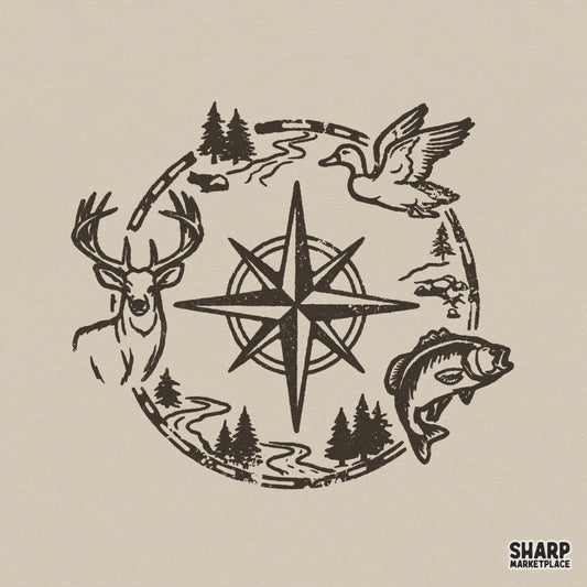 Rustic compass wildlife emblem digital design featuring a deer, duck, and bass with pine trees and river trails in a woodcut style.