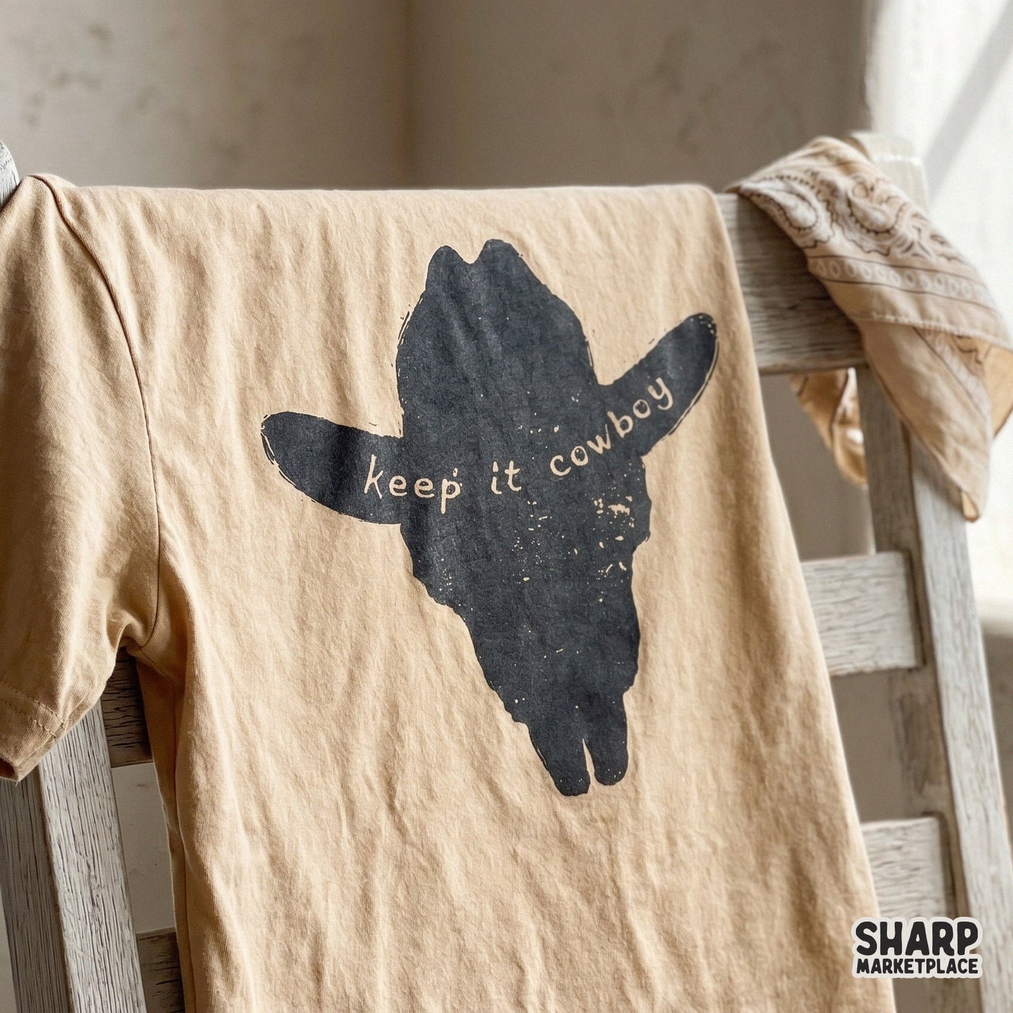 Textured black steer skull and cowboy hat silhouette with the phrase keep it cowboy, displayed as a print on a tan t-shirt.