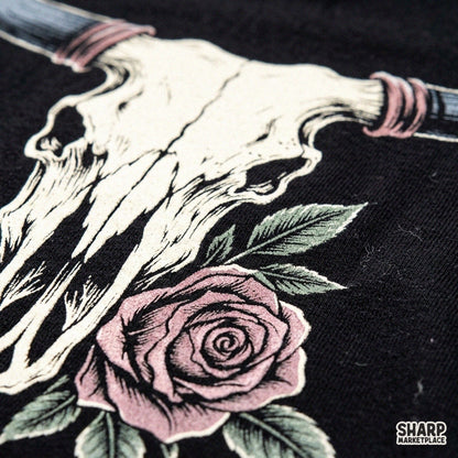 Vintage cowgirl bull skull with pink rose flowers design perfect for country music sublimation t-shirts