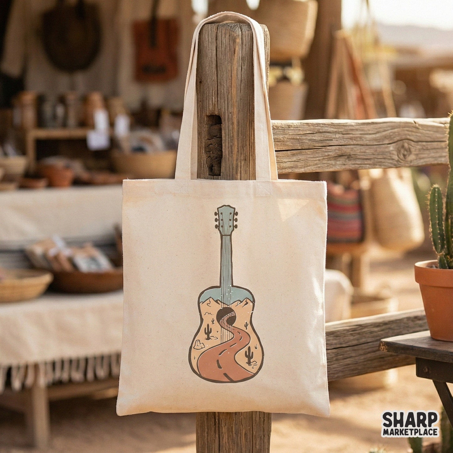 Desert Guitar PNG Design, Vintage Acoustic Road Trip Graphic - 300 DPI