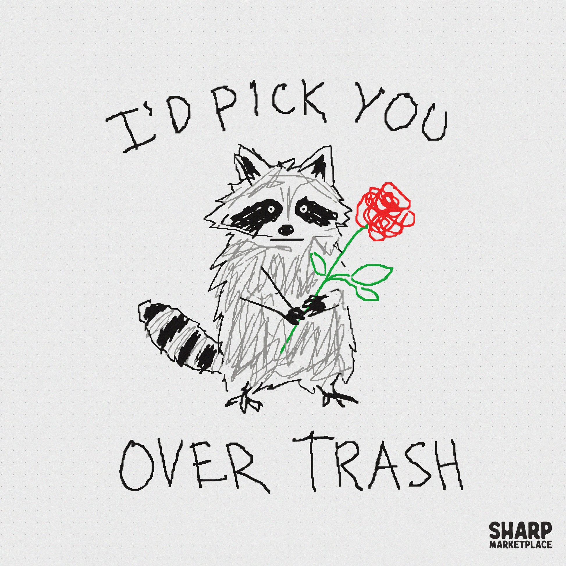 Hand-drawn doodle of a raccoon holding a red rose with the text I'd Pick You Over Trash in a sketchy, scribbled art style for digital printing.
