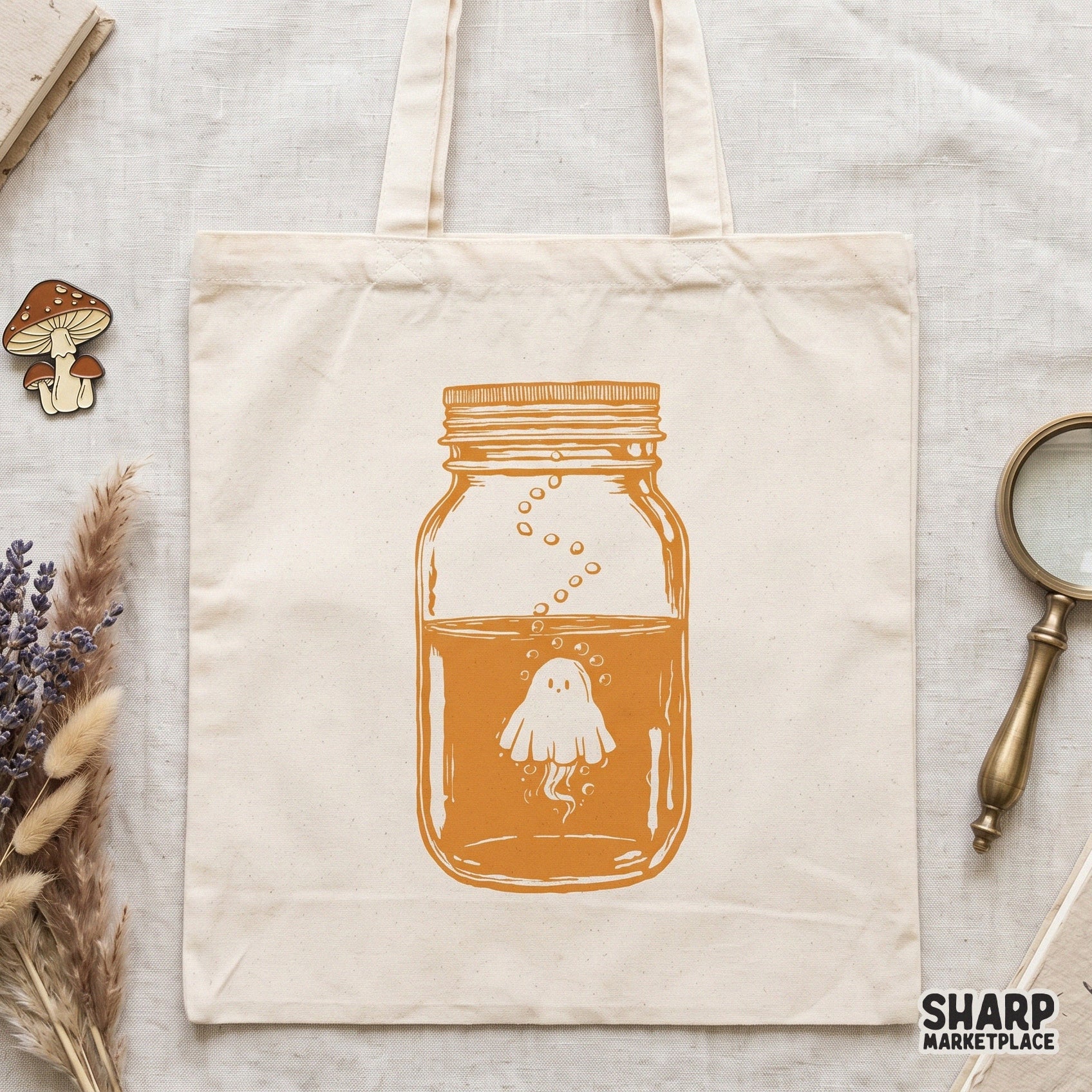 Cute ghost inside a vintage mason jar with a retro aesthetic for spooky season apparel and Halloween crafts