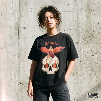 Sinner Gothic Blindfolded Angel Flaming Skull Shirt PNG