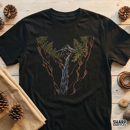 Majestic mountain waterfall and pine trees sketch design for camping apparel and summer lake life t-shirts
