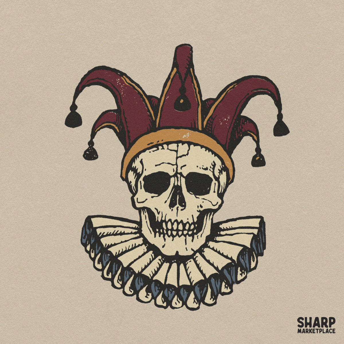 Medieval jester skull wearing a ruffled collar and fool hat for spooky Halloween t-shirt sublimation