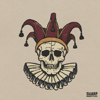 Medieval jester skull wearing a ruffled collar and fool hat for spooky Halloween t-shirt sublimation