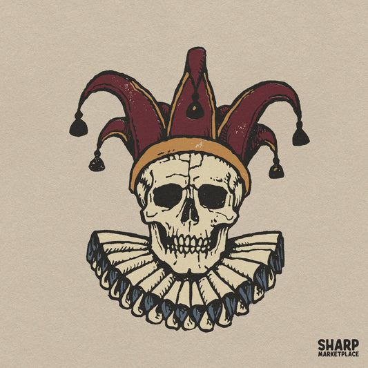 Medieval jester skull wearing a ruffled collar and fool hat for spooky Halloween t-shirt sublimation