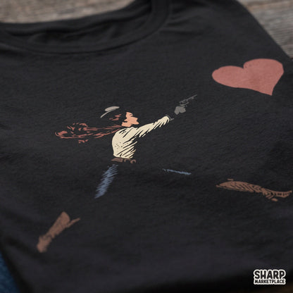 Cowgirl shooting a giant red heart in a sarcastic western PNG graphic perfect for Valentine's Day t-shirts