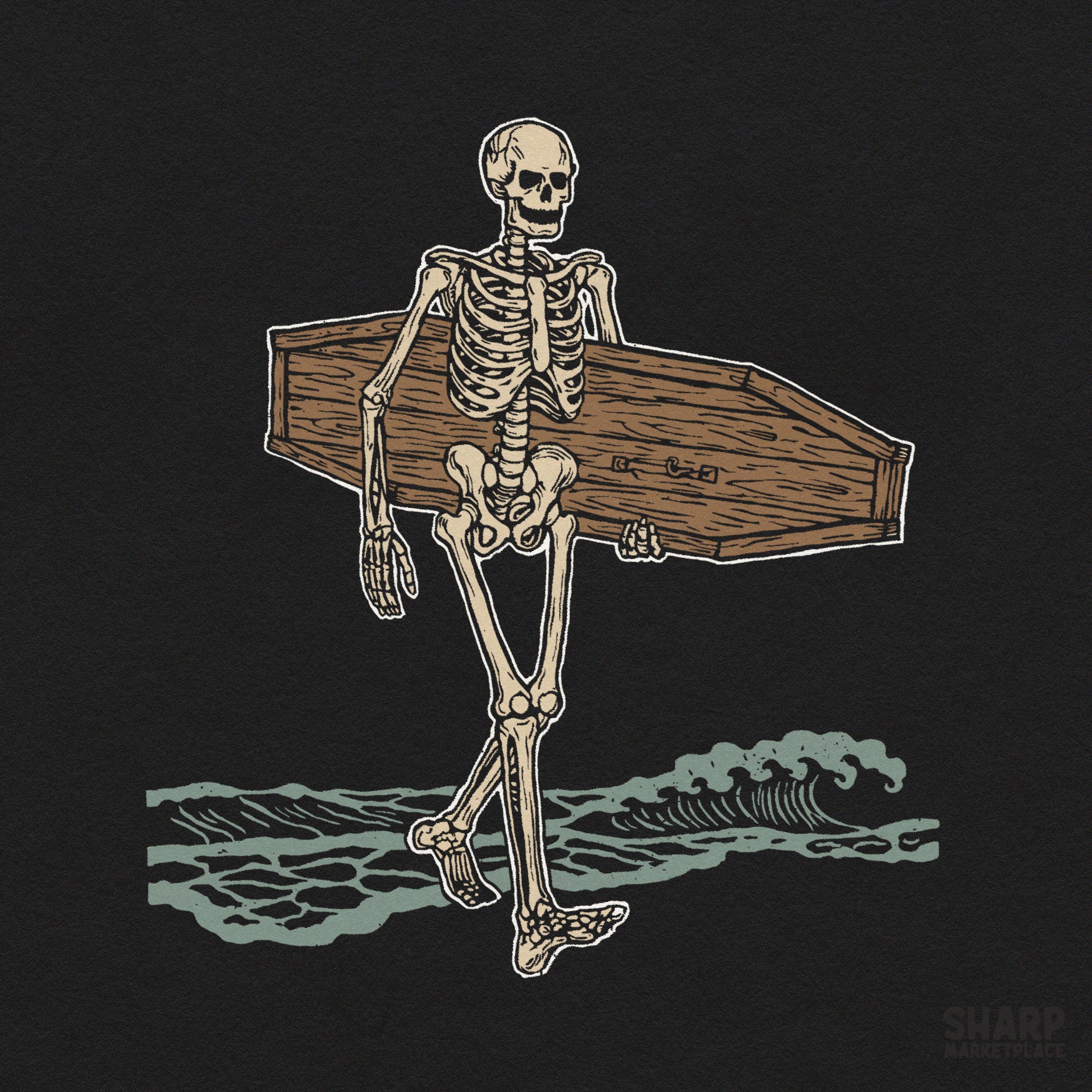 Vintage skeleton carrying a coffin surfboard halloween png design for summer t-shirt sublimation templates
