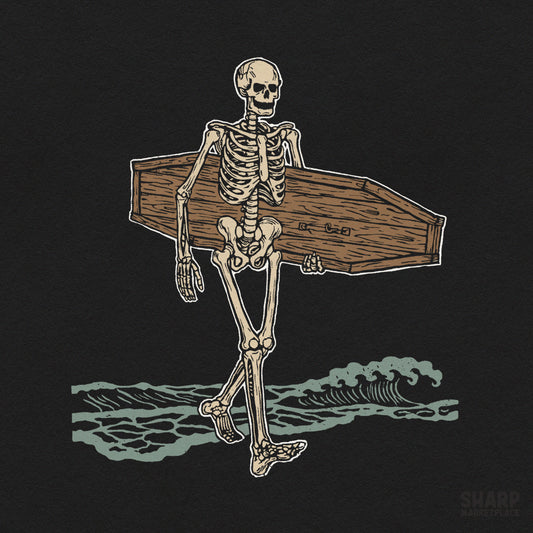 Vintage skeleton carrying a coffin surfboard halloween png design for summer t-shirt sublimation templates