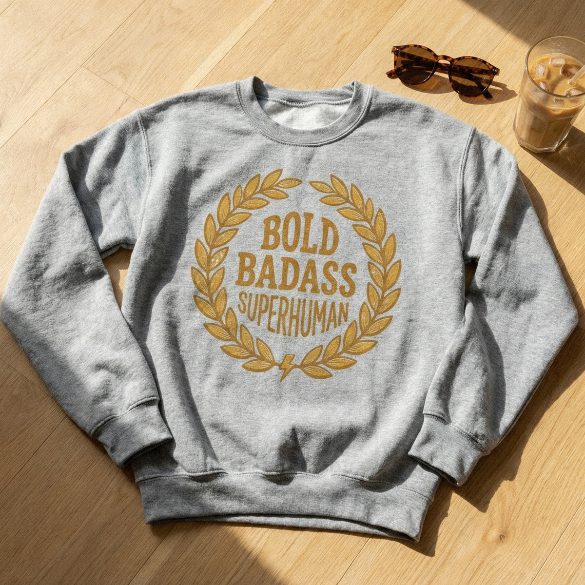 Digital download graphic with Bold Badass Superhuman text in a vintage golden laurel frame, perfect for gym-themed stickers or tumblers.